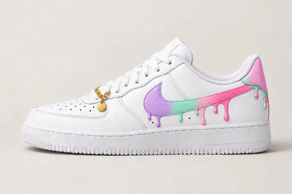Air Force 1 Chaîne Or Drip coloris pastel et rose, vue de profil
