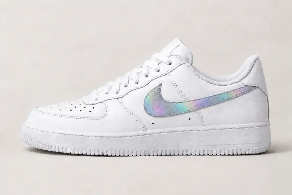 Air Force 1 Iridescent Swoosh coloris gris, vue de profil