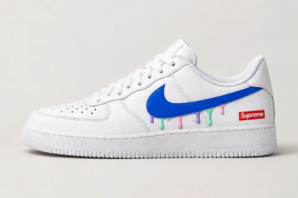 Air Force 1 Supreme Drip coloris bleu et pastel, vue de profil