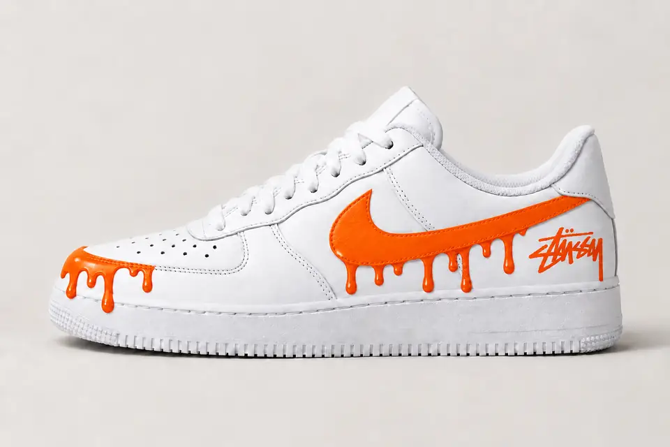 Air Force Stüssy Noir Drip coloris blanc et orange, vue de profil