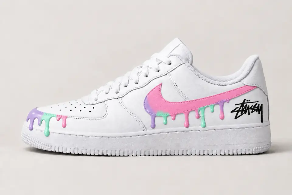 Air Force Stüssy Noir Drip coloris pastel et rose, vue de profil