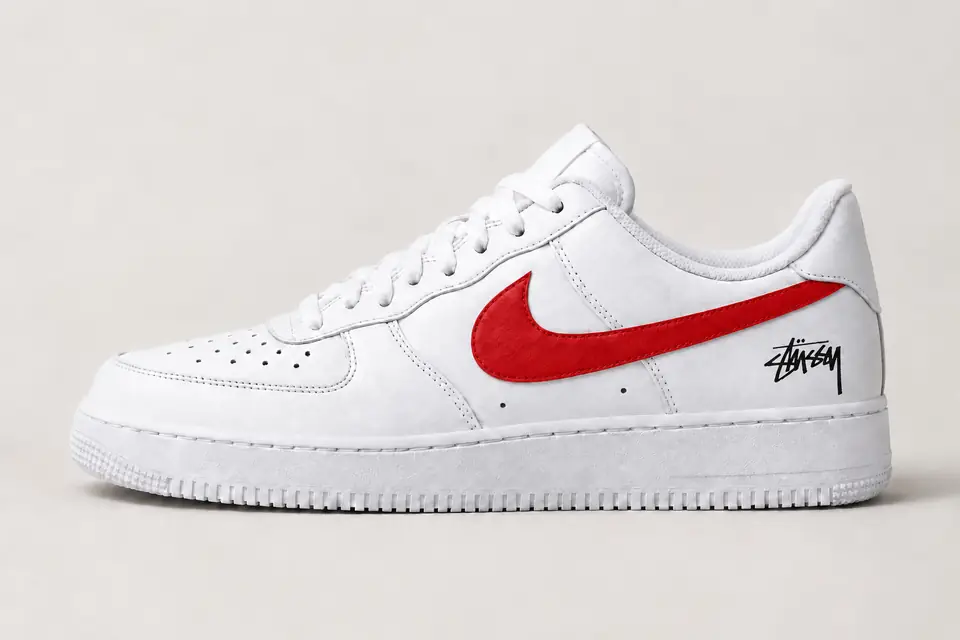 Air Force Stüssy Swoosh Peint coloris rouge, vue de profil