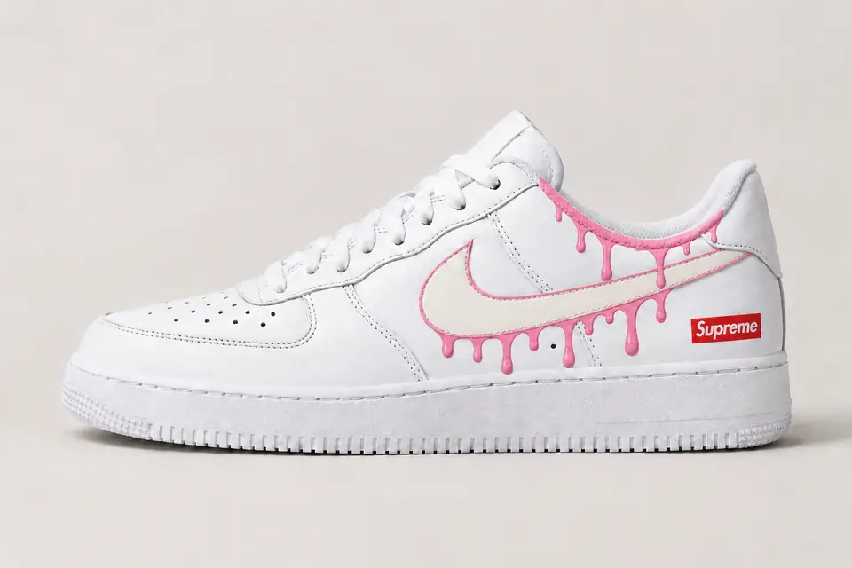 Air Force Supreme Noir Drip 2 coloris blanc et rose, vue de profil