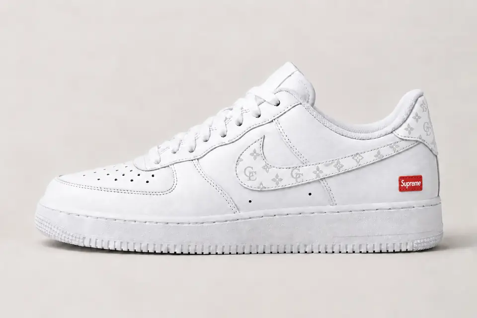 Air Force Supreme Noir Monogramme 2 coloris blanc et gris, vue de profil