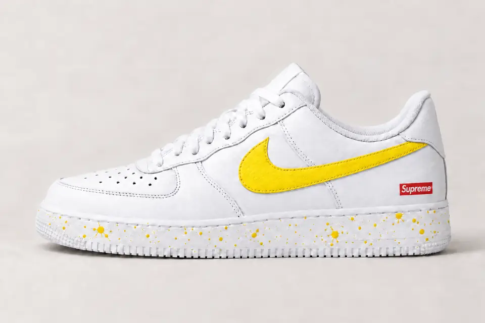 Air Force Supreme Noir Splash coloris jaune, vue de profil