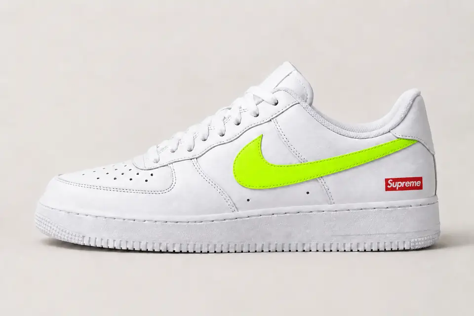 Air Force Supreme Noir Swoosh Peint 2 coloris fluo et jaune, vue de profil