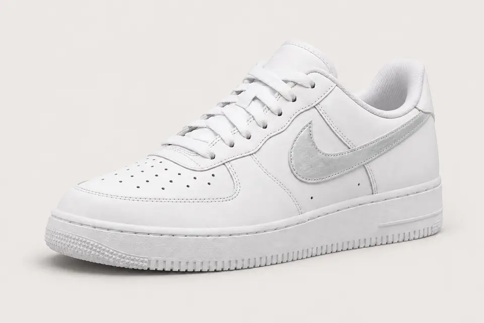 Nike Air Force 1 Metallic Rose Gold coloris argent, vue de trois quarts