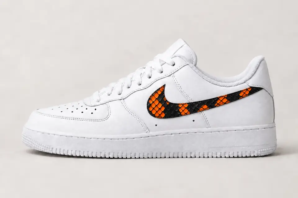 Nike Air Force 1 Snakeskin Femme coloris noir et orange, vue de profil